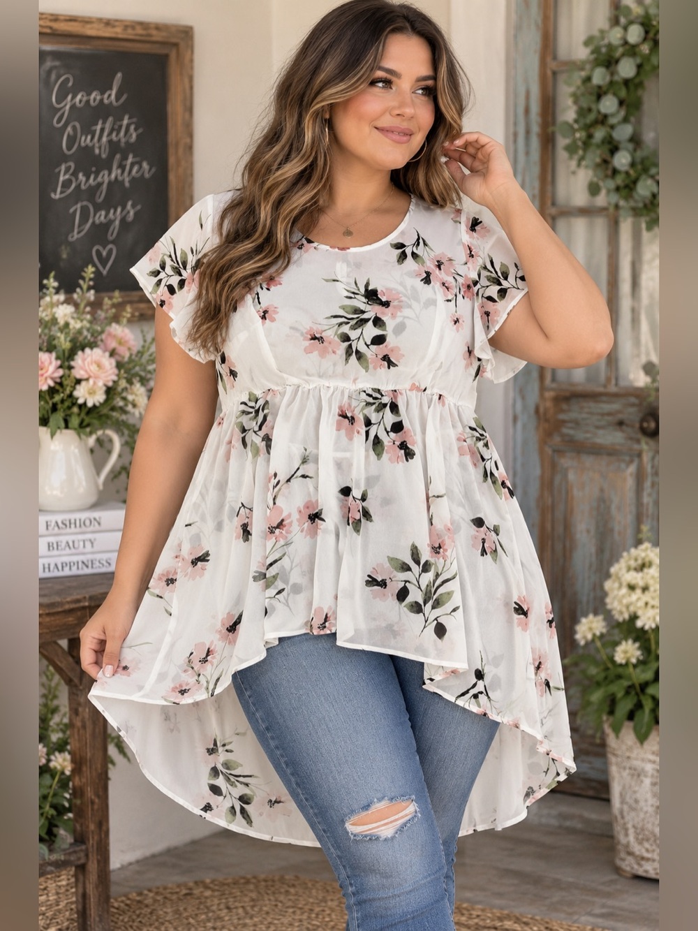 torrid White Pink Floral High-Low Babydoll Tunic